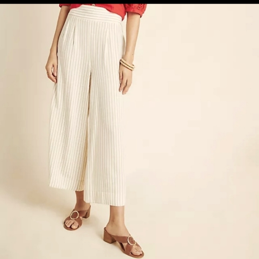 Anthropologie Wide Leg Pants Cream w/ Beige Pinstripe, 8, buttons down right leg